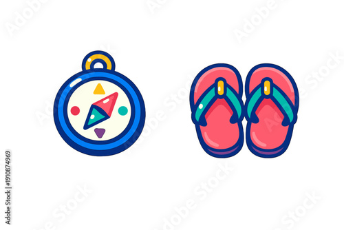 A colorful cartoon illustration featuring a blue compass with a red and teal needle next to a pair of pink flip-flops with teal straps, all set against a solid black background.
