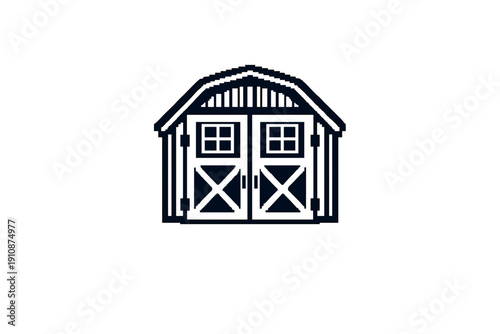 A white minimalist icon of a barn or storage shed with a gambrel roof and double doors featuring small windows and cross-bracing, set against a solid black background.