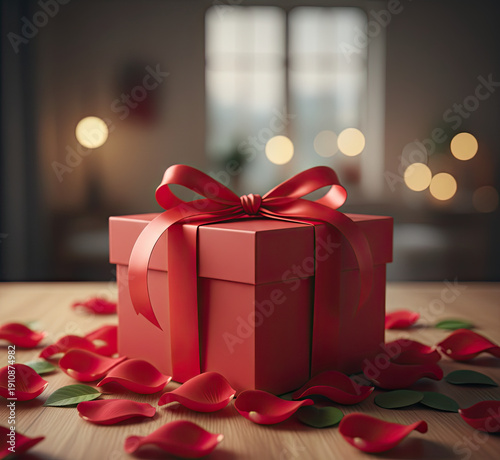 Romantic gift box with red ribbon and rose petals on wooden table