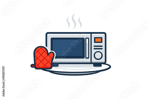 This flat vector illustration shows a microwave oven with steam rising above it, accompanied by a red quilted oven mitt and a plate, set against a dark background.