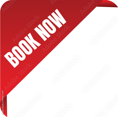 A red ribbon with the words 'BOOK NOW' in white letters 