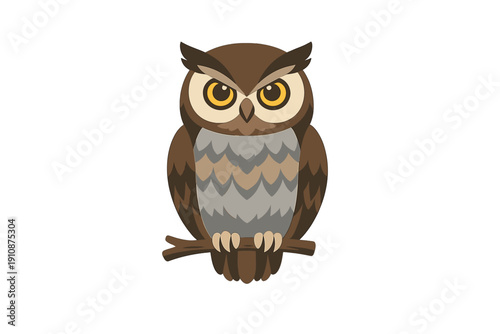 A stylized illustration of a brown and grey owl with large yellow eyes perched on a wooden branch against a solid black background. The bird has a stern expression and layered feathers.