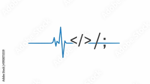 Coding symbol with blue pulse line.