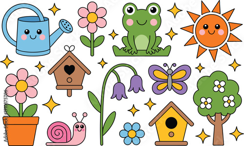 Cute spring garden cartoon vector set with frog sun flowers butterfly snail birdhouse and watering can