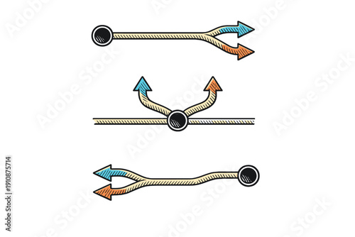Three stylized diagrams on a black background illustrate various path splits and directional flows with blue and orange arrows originating from or passing through circular nodes.