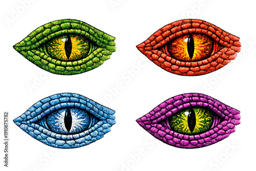 A set of four vibrant dragon eyes in green, orange, blue, and purple hues against a black background. The eyes show intricate scaly textures and sharp vertical pupils.