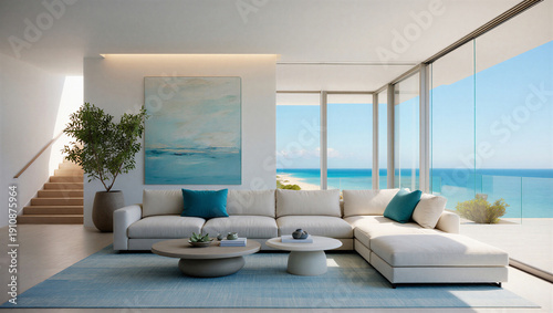 Obraz na plátne Modern living room with ocean view and white sectional sofa