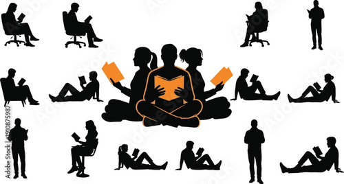 Black silhouette collection of people reading books in various poses including sitting standing and lying down isolated on white background for library and education concepts