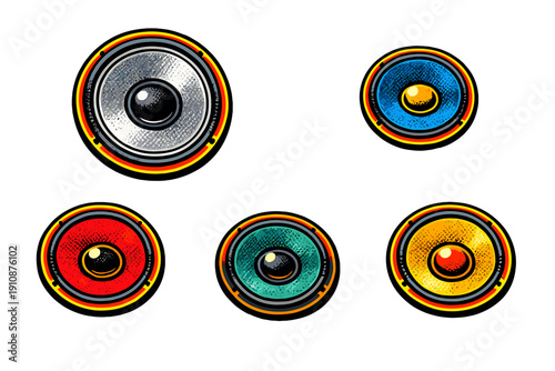 A collection of five stylized speaker cones in various colors like red, blue, yellow, and teal, featuring a retro pop art design with halftone patterns on a solid black background.