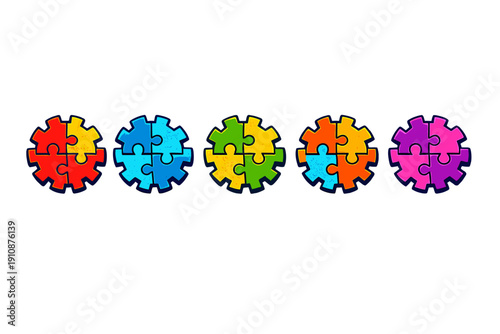 Five colorful gear icons made of interlocking puzzle pieces are arranged in a horizontal row against a solid black background. Each gear features a unique combination of vibrant colors.