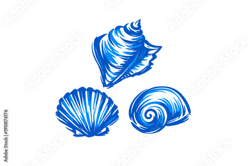 A set of three artistic blue seashells featuring a conch, a scallop, and a spiral shell, rendered with textured brushstrokes on a dark black background for a high-contrast look.