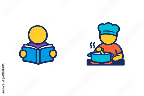 Two colorful flat icons on a black background showing a person reading a book and a chef cooking with a pot on a stove. The illustrations use bold outlines and vibrant colors.
