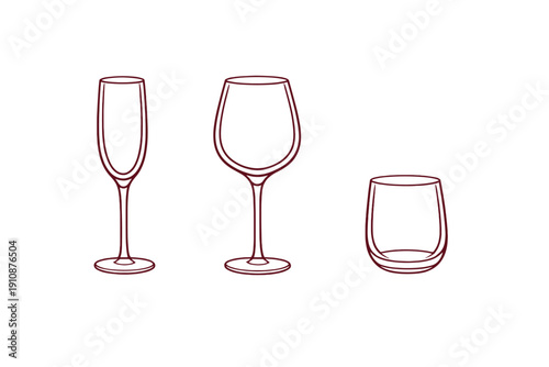 A minimalist illustration featuring three different types of glassware including a champagne flute, a stemmed wine glass, and a stemless tumbler, all rendered in dark red lines on black.