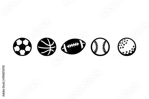 A row of five white sports ball icons including a soccer ball, basketball, football, baseball, and golf ball, displayed in a minimalist style against a solid black background.