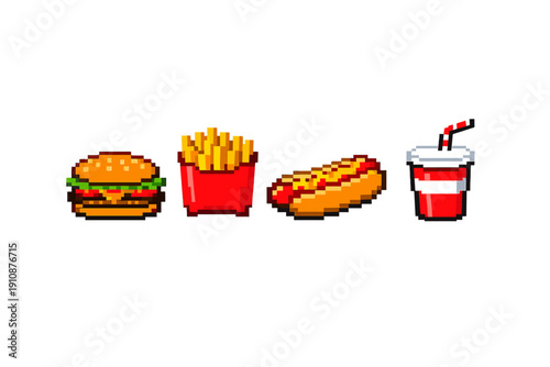 Pixel art illustration of classic fast food items including a cheeseburger, french fries, a hot dog with mustard, and a soda cup with a straw, isolated on a black background.