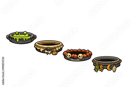 Four cartoonish magic cauldrons and ritual bowls decorated with skulls, bones, herbs, and bubbling green liquid, isolated on a black background for game assets.