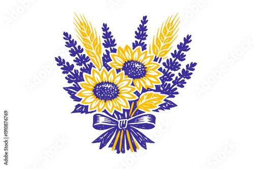 A graphic illustration of a bouquet featuring two bright yellow sunflowers, stalks of golden wheat, and purple lavender sprigs tied with a decorative bow on a black background.