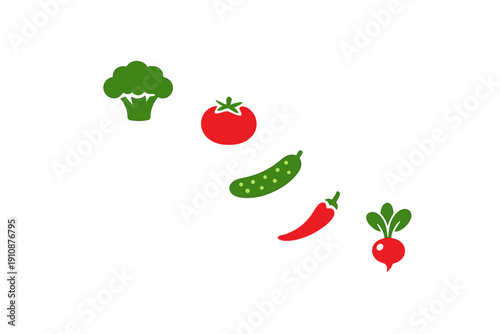 Five colorful vegetable illustrations featuring a broccoli, tomato, cucumber, chili pepper, and radish are displayed in a diagonal line against a dark black backdrop.
