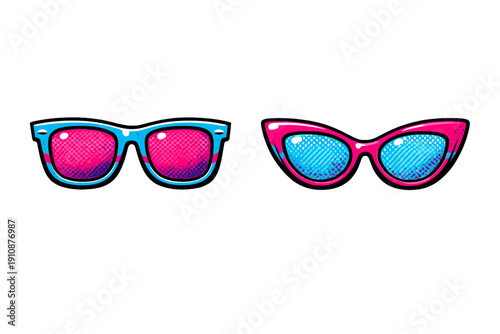 Two pairs of vibrant pop art sunglasses are displayed against a black background. One pair has blue frames with pink lenses, while the other features pink frames with blue lenses.