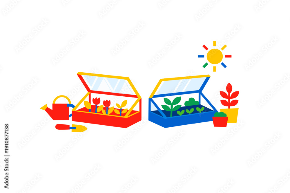 Naklejka premium This minimalist graphic features two colorful greenhouses with growing plants, a watering can, and a trowel. A stylized sun shines above the garden scene on a black background.