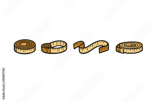 Four sticker-style illustrations of yellow measuring tapes in various coiled and unrolled positions are displayed against a black background. Each tape features black measurement markings.