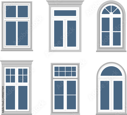 Modern house window vector icon set, various architecture frame designs with blue glass for building