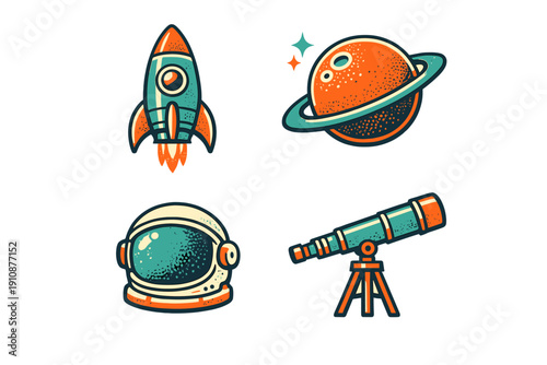 Four retro space-themed icons including a rocket, a ringed planet, an astronaut helmet, and a telescope, presented in a flat graphic style with teal and orange colors.