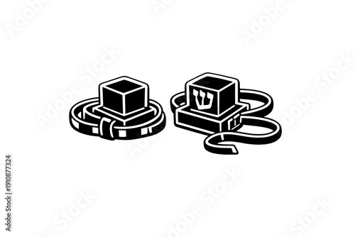 A white line art illustration of tefillin, traditional Jewish phylacteries, featuring two black boxes with leather straps and a Hebrew letter on a solid black background.