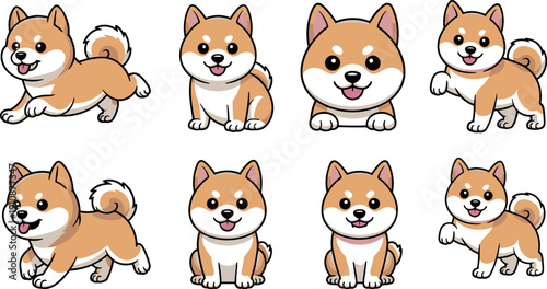 Cute Shiba Inu dog vector collection featuring puppies in various poses like sitting running and waving isolated on white.