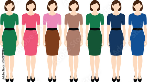 Women dress outfit color variations vector illustration set with business style clothing collection isolated