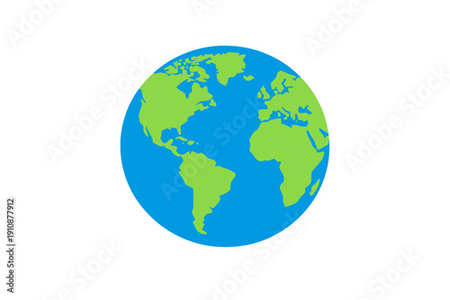 A flat vector illustration of planet Earth featuring green continents and blue oceans against a solid black background. The globe shows the Americas, Africa, and Europe in a simple style.