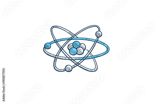 This hand-drawn illustration features a stylized atom model with a central nucleus and orbiting electrons. The sketch is rendered in blue and white tones against a solid black background.