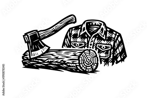 This monochrome graphic depicts a traditional lumberjack scene with a metal axe stuck in a timber log alongside a patterned shirt, styled in a classic woodblock print aesthetic.