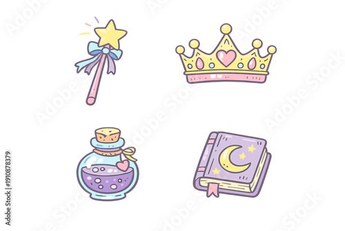 A collection of four cute magical icons including a star wand, a golden crown with a heart, a purple potion bottle, and a spell book with a crescent moon on a black background.