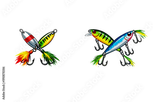 A digital illustration featuring four colorful fishing lures arranged in two crossed pairs against a solid black background, including spoons and crankbaits with feathered hooks.