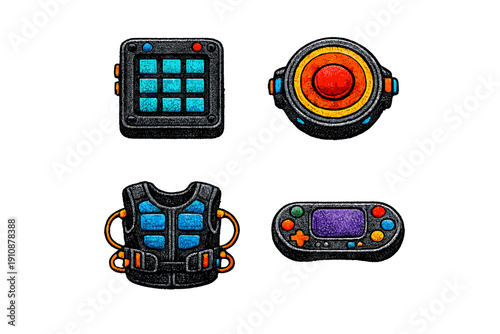 Four textured icons depicting futuristic technology including a square control pad, a circular button, a tactical vest with blue padding, and a handheld game console on a black background.