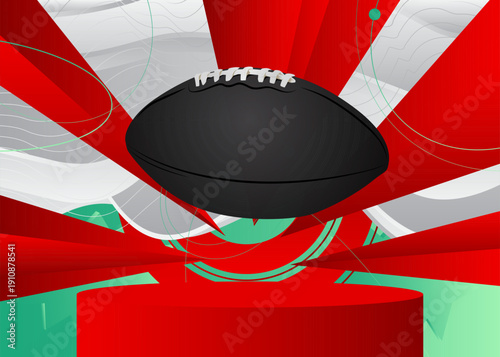 Mockup product display with American Football Ball. Vector cylinder pedestal podium. Stage showcase for presentation. Minimal geometric forms.