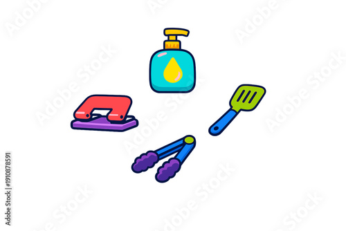 This set of vibrant vector illustrations includes a blue soap bottle, a red hole punch, a green spatula, and purple tongs, isolated on a dark black background for a clean look.