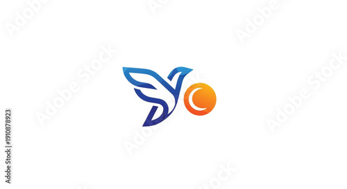An elegant and modern logo featuring a stylized blue bird in mid-flight beside a vibrant orange sun. This minimalist design symbolizes freedom, hope, peace, and new beginnings. Ideal for brands.
