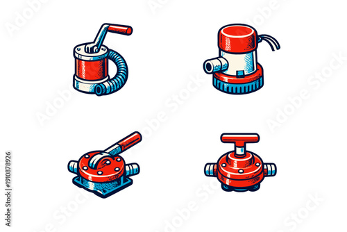 Four retro-style graphic illustrations of mechanical pumps and valves featuring bold outlines and halftone textures in red, white, and blue against a dark background.