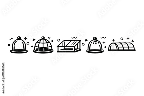 A collection of five minimalist line art icons depicting various greenhouse structures and plant covers, including cloches and cold frames, set against a black background.