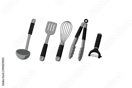 A collection of five essential kitchen utensils including a ladle, spatula, whisk, tongs, and peeler, presented in a grayscale vector style against a solid black background.