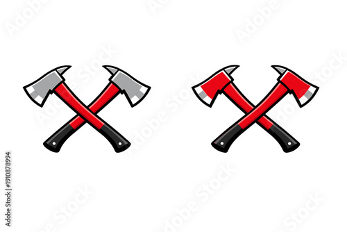 Vector illustration of two sets of crossed fire axes on a black background. One set has silver heads and red handles, while the other set features red heads and red handles.
