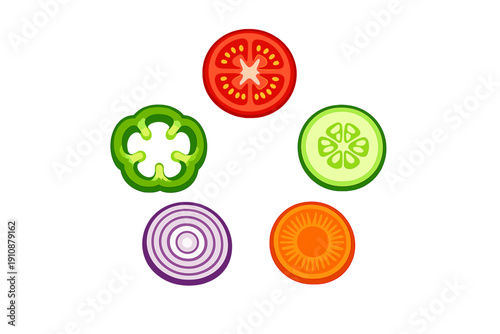 A collection of five colorful vegetable slices including tomato, cucumber, carrot, onion, and bell pepper, arranged in a circular pattern against a solid black background.