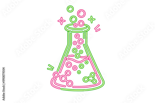 Neon style illustration of a science laboratory flask with bubbles and molecules. The glowing pink and green lines create a vibrant chemical experiment scene on black.