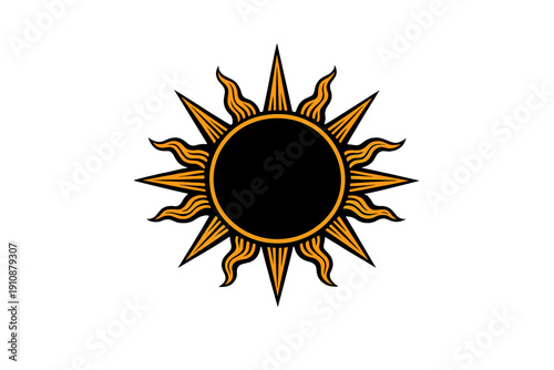A stylized orange sun symbol with alternating straight and wavy rays is centered on a solid black background. This graphic illustration features a minimalist celestial design.