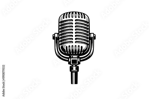 A monochrome graphic illustration depicts a retro-style condenser microphone with a metallic finish. The object is centered against a solid black background for a bold look.