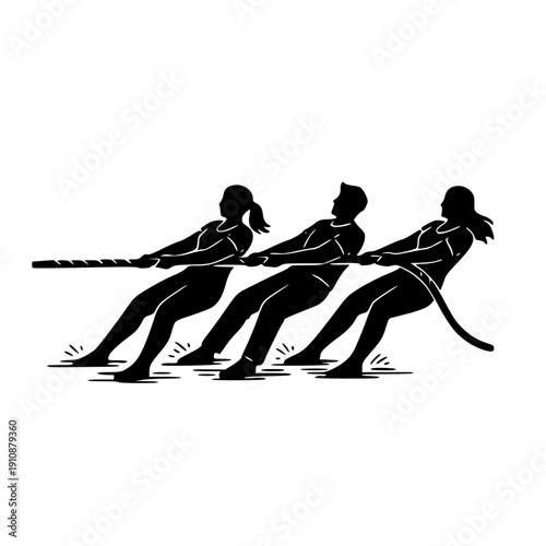 Tug of War Team Silhouette Illustration: Strength and Unity Concept