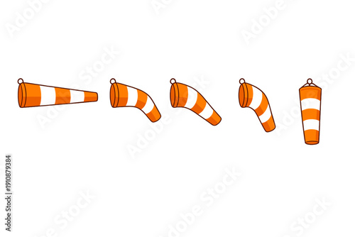 A set of five orange and black striped windsocks shown in various positions to indicate wind speed, ranging from a full horizontal extension to a vertical hanging position on a black background.