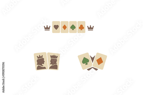 A minimalist illustration featuring stylized playing cards with suits, a king, and a queen on a black background. The design uses muted tones of cream, brown, orange, and green.